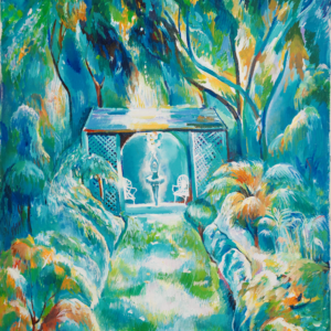 A painting of a forest with trees and bushes