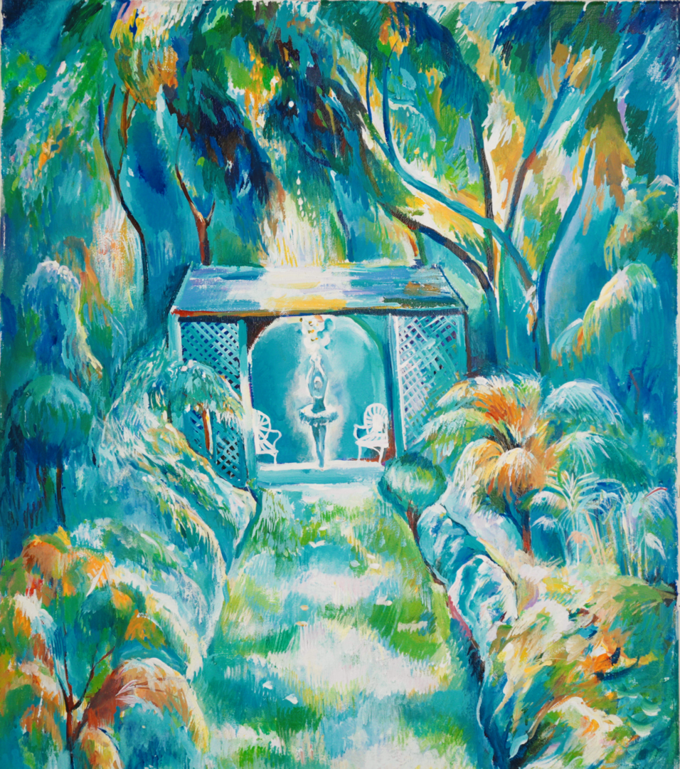 A painting of a forest with trees and bushes