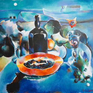 A painting of an orange and blue table with a bottle