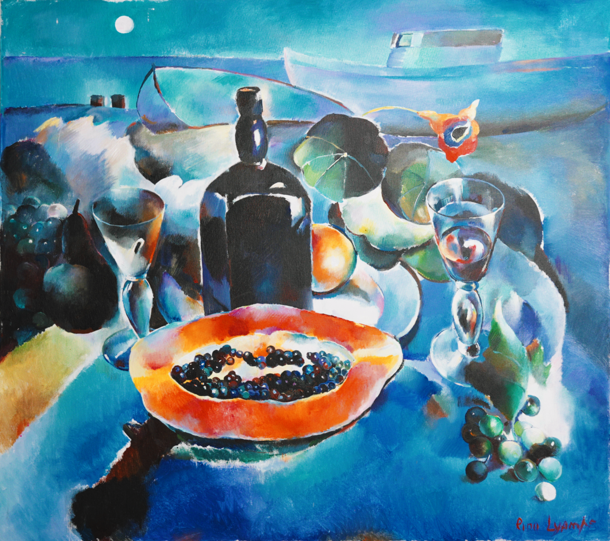 A painting of an orange and blue table with a bottle