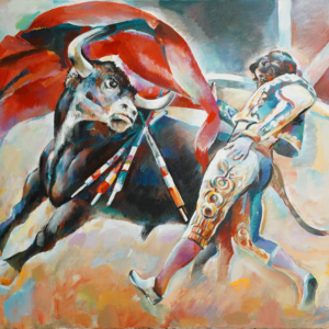 A painting of two men fighting in the middle of an arena.