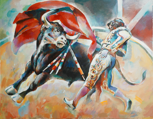 A painting of two men fighting in the middle of an arena.