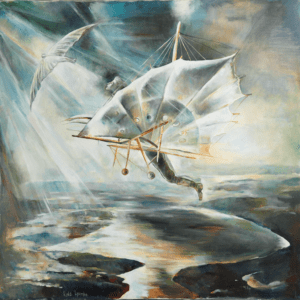 A painting of an umbrella flying over water.