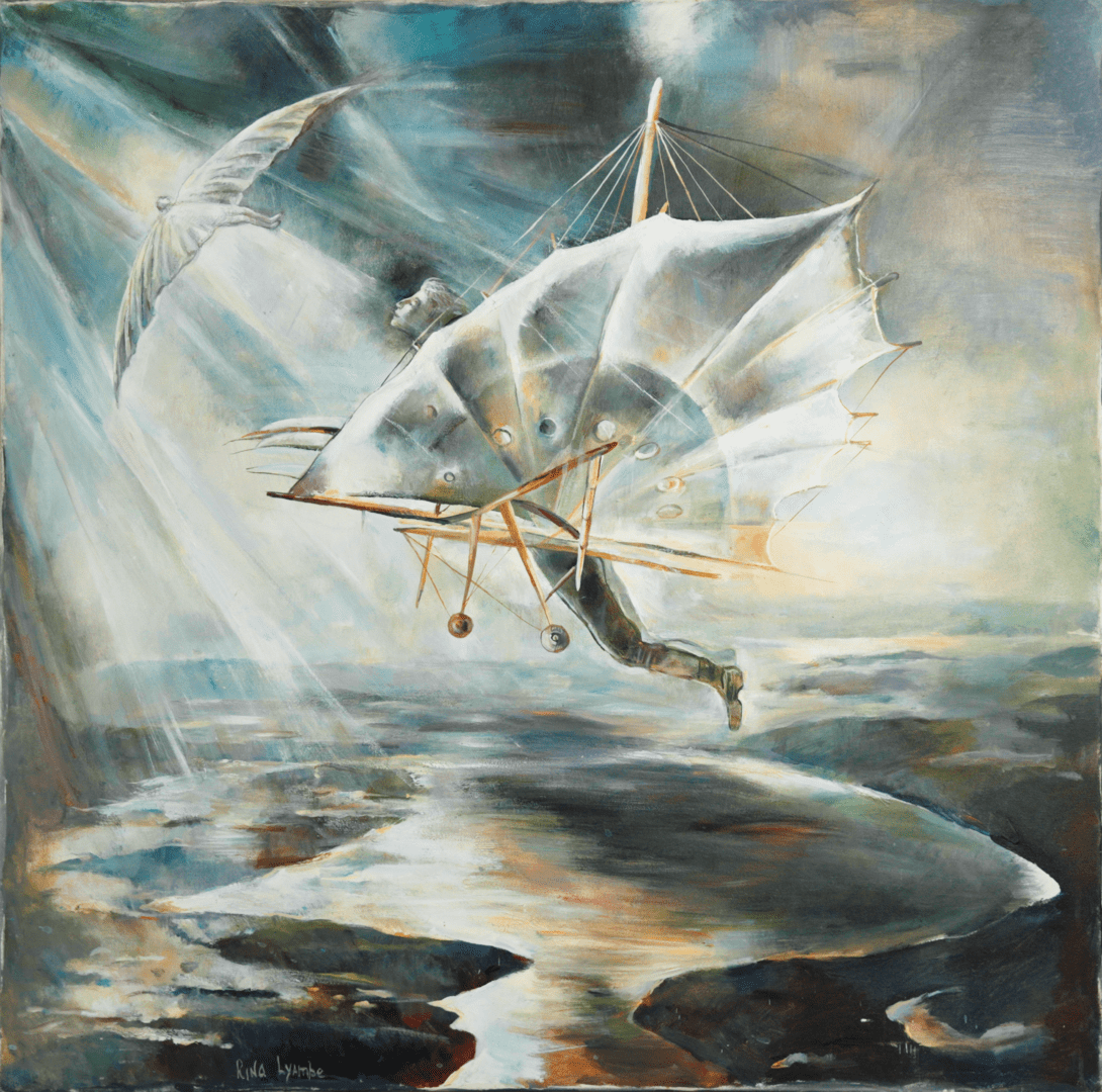 A painting of an umbrella flying over water.