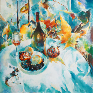 A painting of a bowl and wine glass on the table