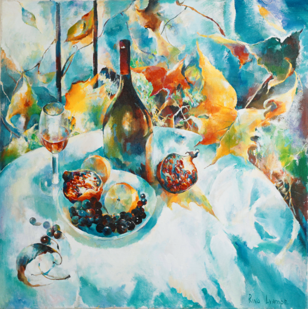 A painting of a bowl and wine glass on the table