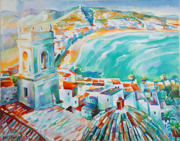 A painting of the ocean and buildings in an old town