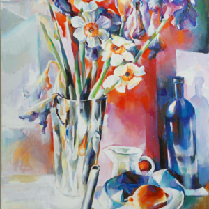 A painting of flowers in a vase and a plate