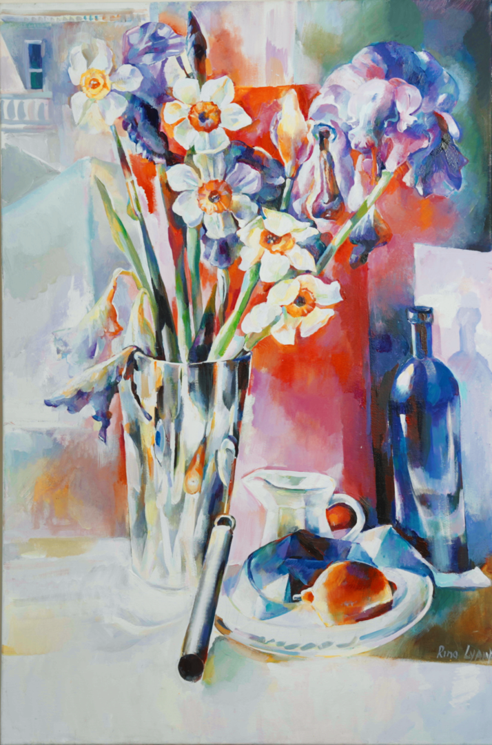 A painting of flowers in a vase and a plate