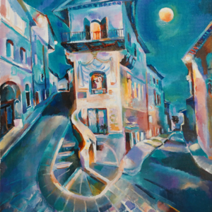 A painting of a street with stairs going up the side