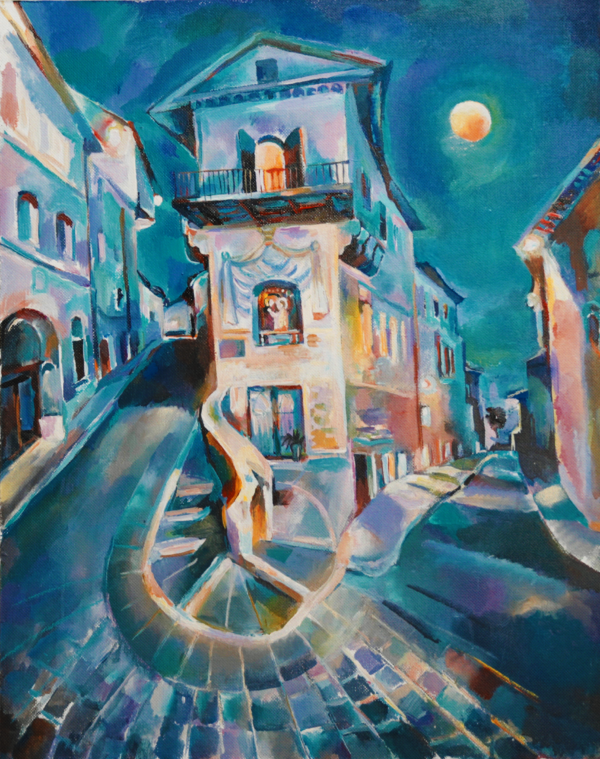 A painting of a street with stairs going up the side