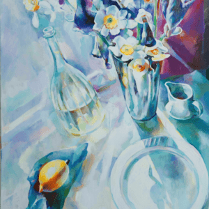 A painting of flowers in vases and wine glasses