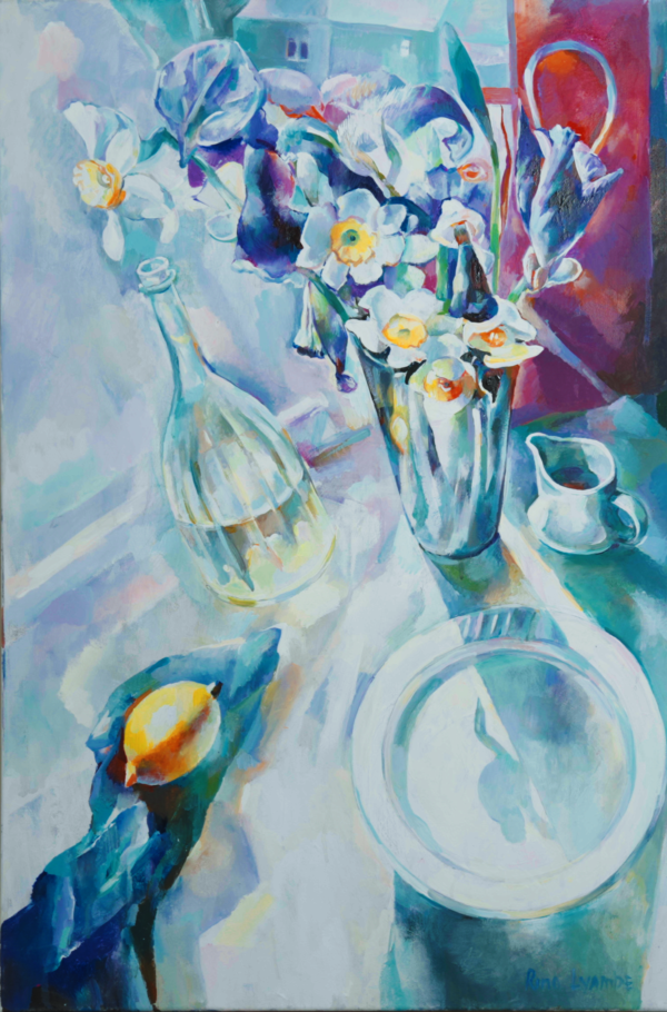 A painting of flowers in vases and wine glasses