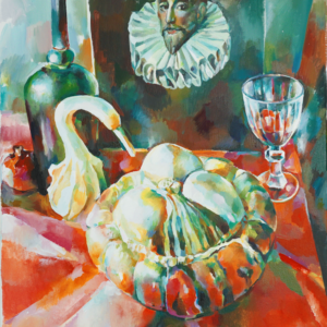 A painting of a still life with a glass and an onion.