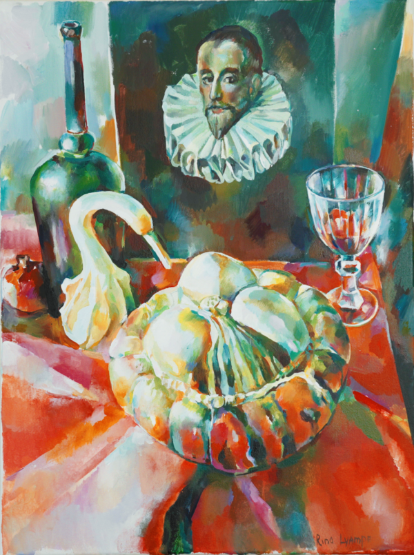 A painting of a still life with a glass and an onion.