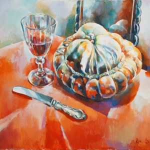 A painting of a pumpkin and wine glass on the table.