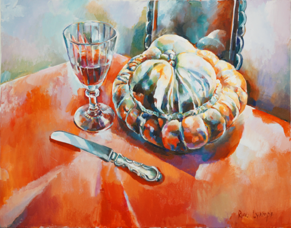 A painting of a pumpkin and wine glass on the table.