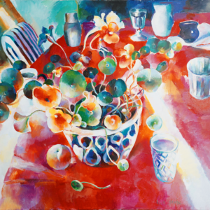 A painting of a bowl full of flowers on the table