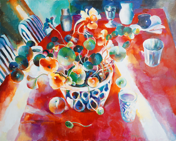 A painting of a bowl full of flowers on the table