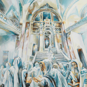 A painting of people in robes and hoods inside a church.