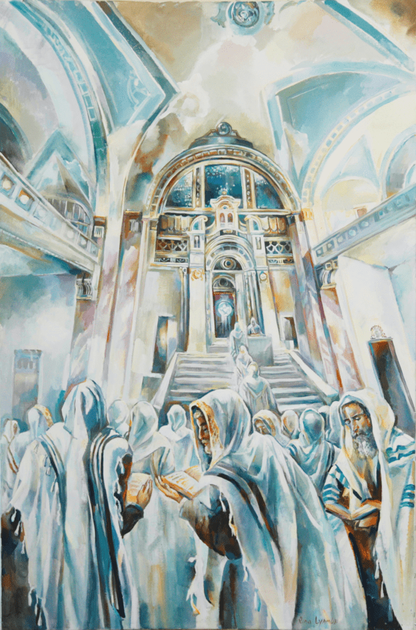 A painting of people in robes and hoods inside a church.