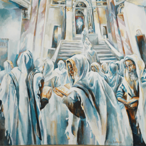 A painting of people in robes and hoods