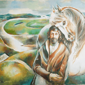 A painting of jesus and the horse.