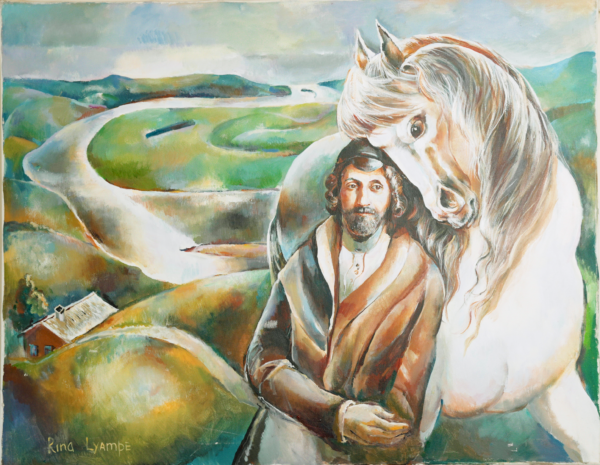 A painting of jesus and the horse.