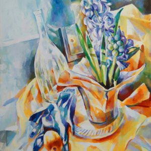 A painting of a vase and flowers on the table