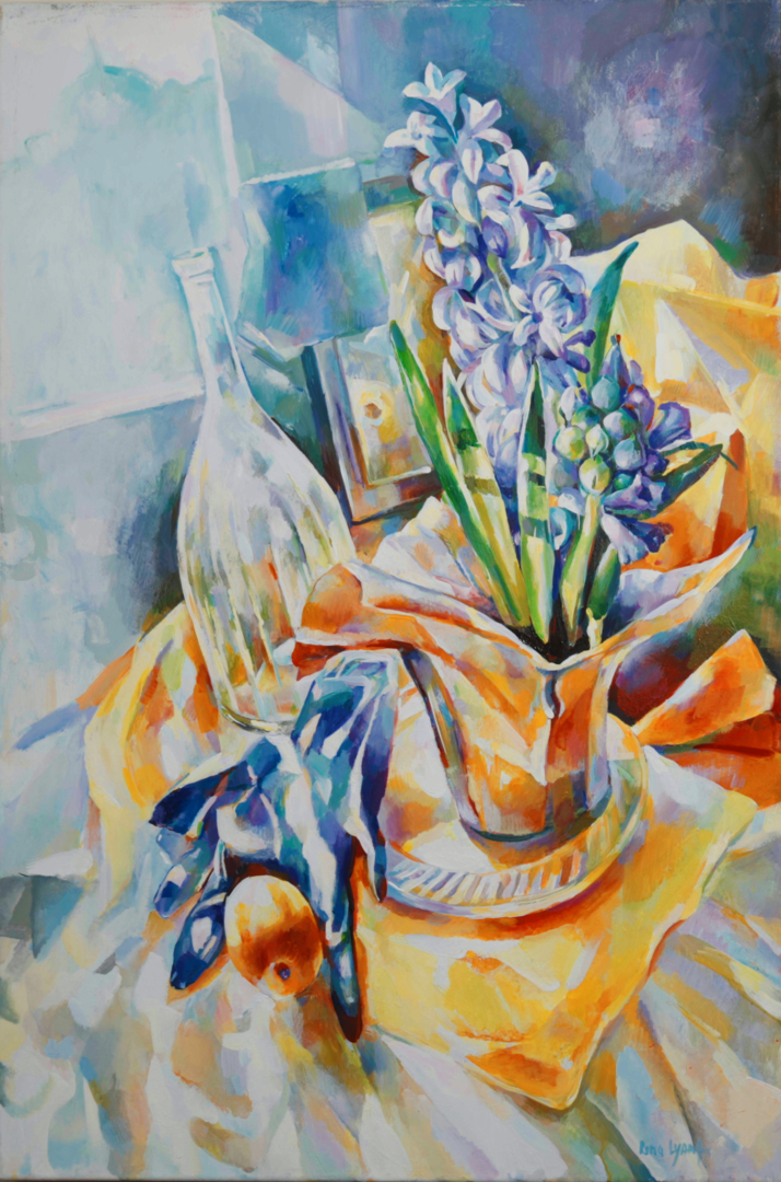 A painting of a vase and flowers on the table