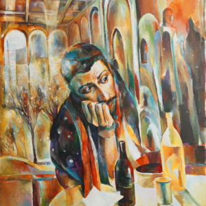 A painting of a man sitting at a table with wine bottles.