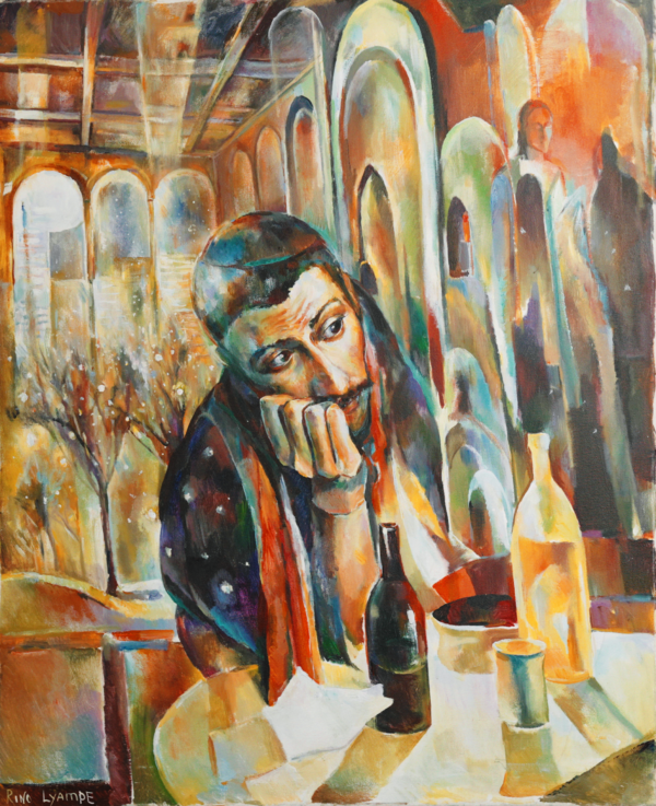 A painting of a man sitting at a table with wine bottles.