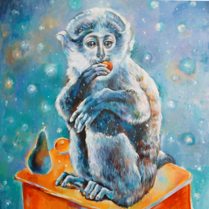 A painting of a monkey eating an orange