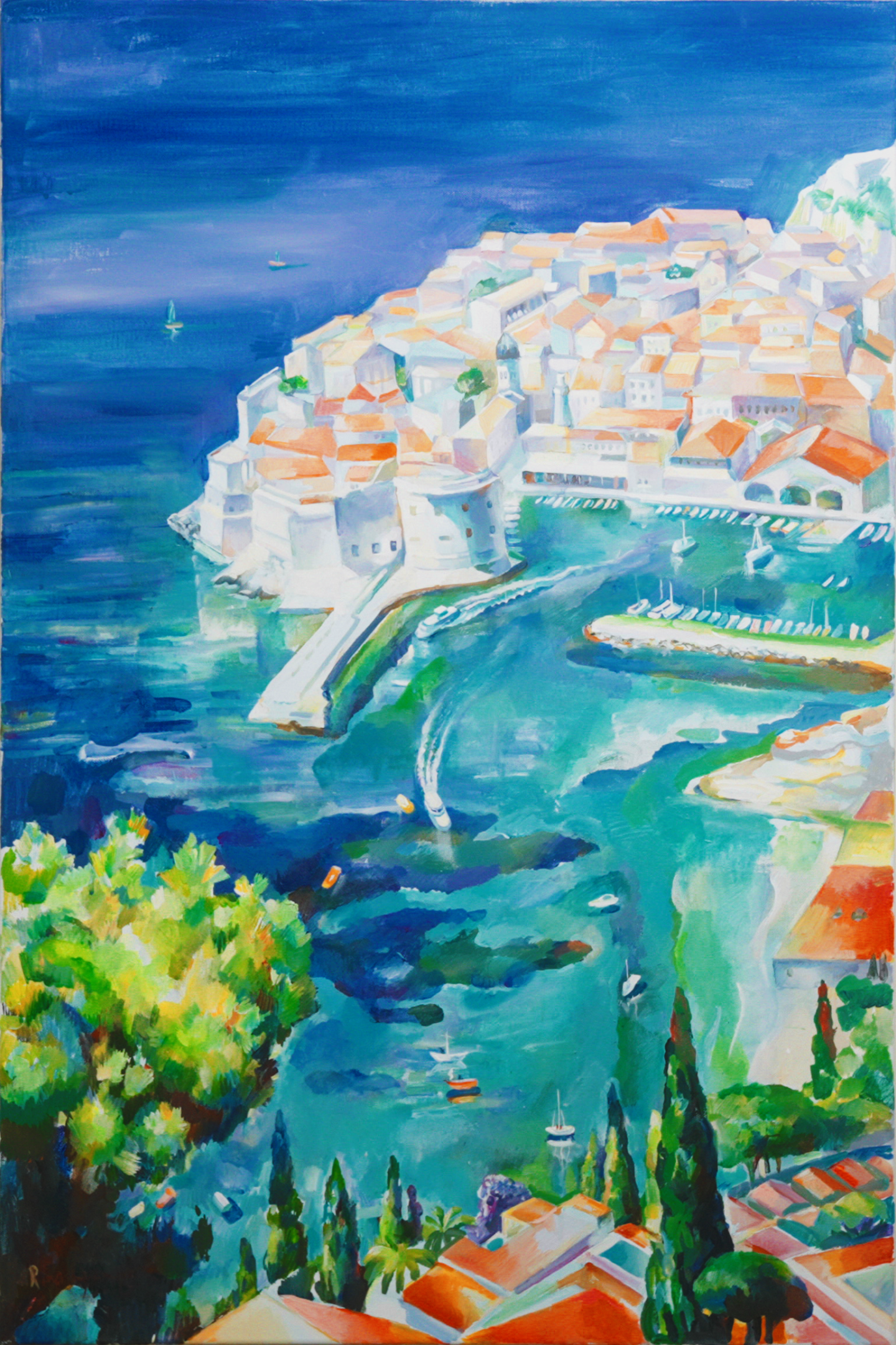 A painting of the ocean and city