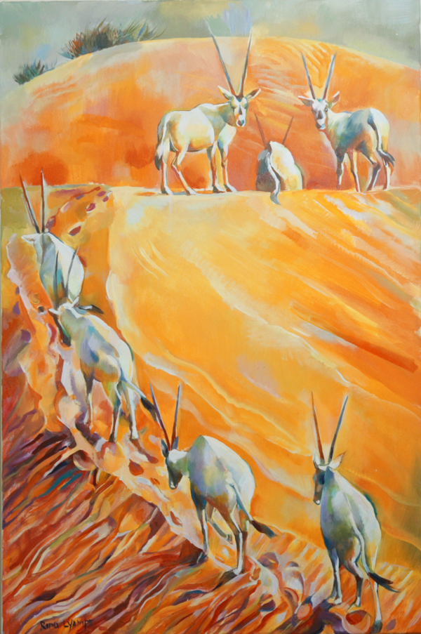 A painting of goats on the side of a hill.