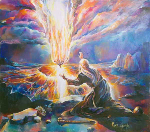 A painting of moses kneeling down to the waters