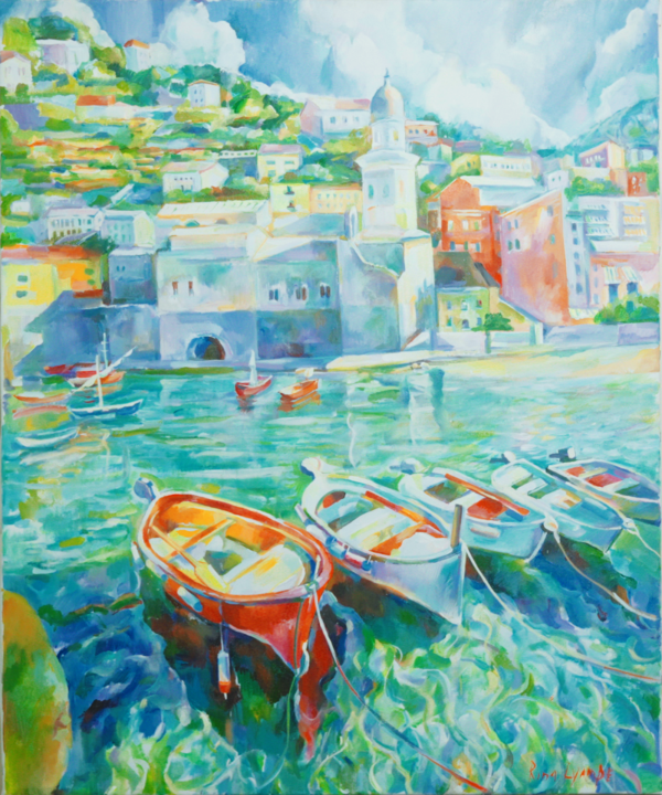 A painting of boats in the water